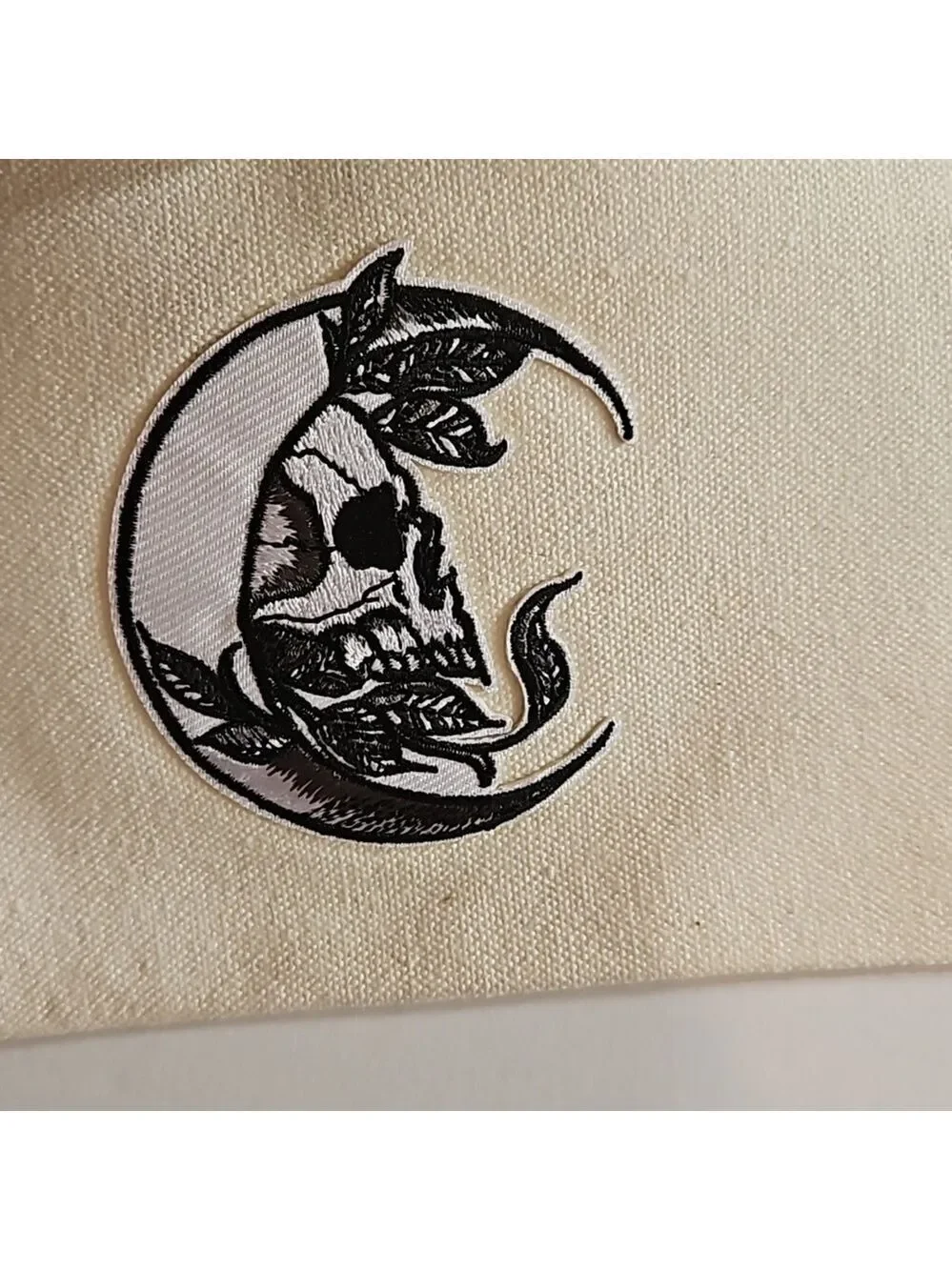 Hand Crafted Multi-use Bag Beige Zipper Pencil Case Skull Motif Iron-on Patch
